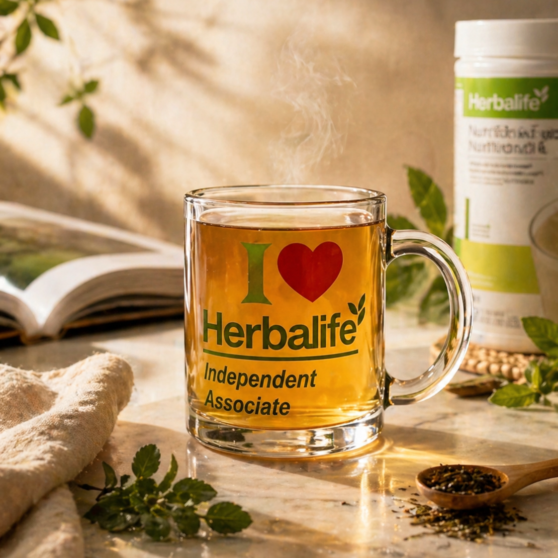 Herbalife mug with tea on a table with a book and Herbalife container in the background.